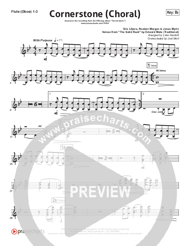 Cornerstone (Choral Anthem SATB) Flute/Oboe 1/2/3 (Hillsong Worship / Arr. Luke Gambill)