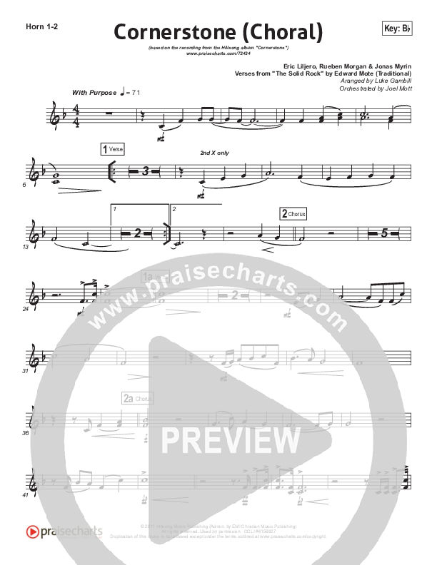 Cornerstone (Choral Anthem SATB) French Horn 1/2 (Hillsong Worship / Arr. Luke Gambill)