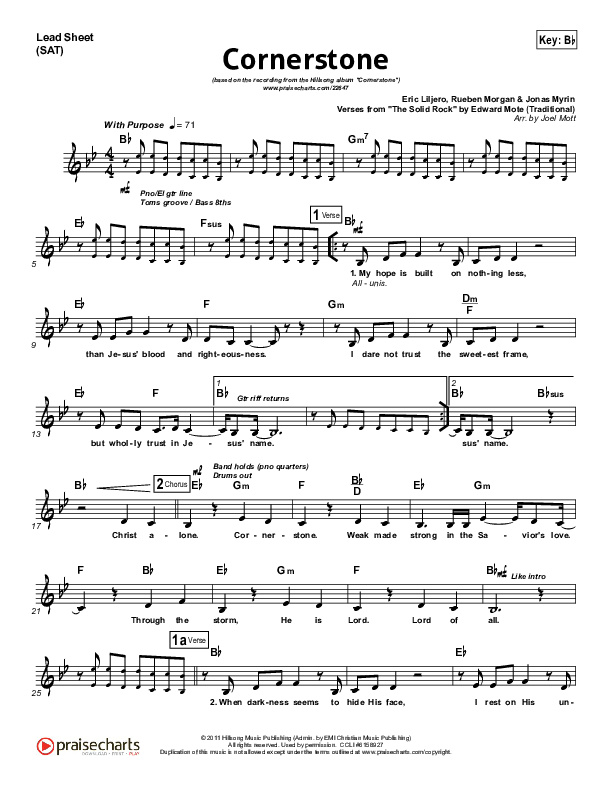 Cornerstone (Choral Anthem SATB) Lead Sheet (SAT) (Hillsong Worship / Arr. Luke Gambill)