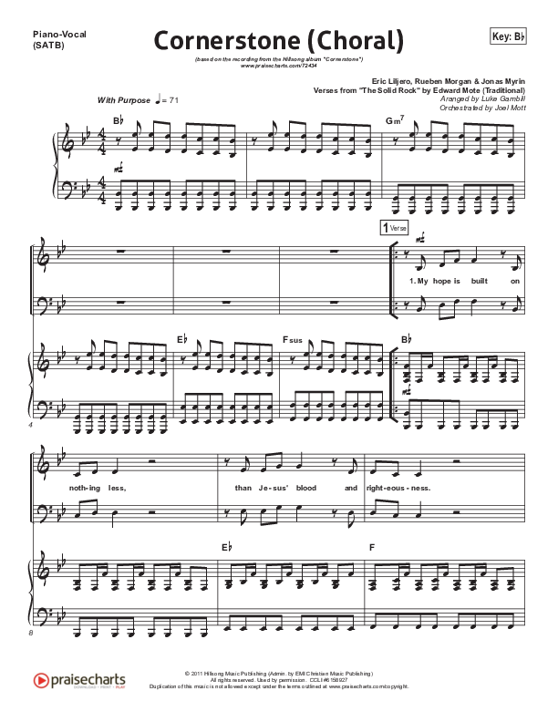 Cornerstone (Choral Anthem SATB) Piano/Vocal (SATB) (Hillsong Worship / Arr. Luke Gambill)