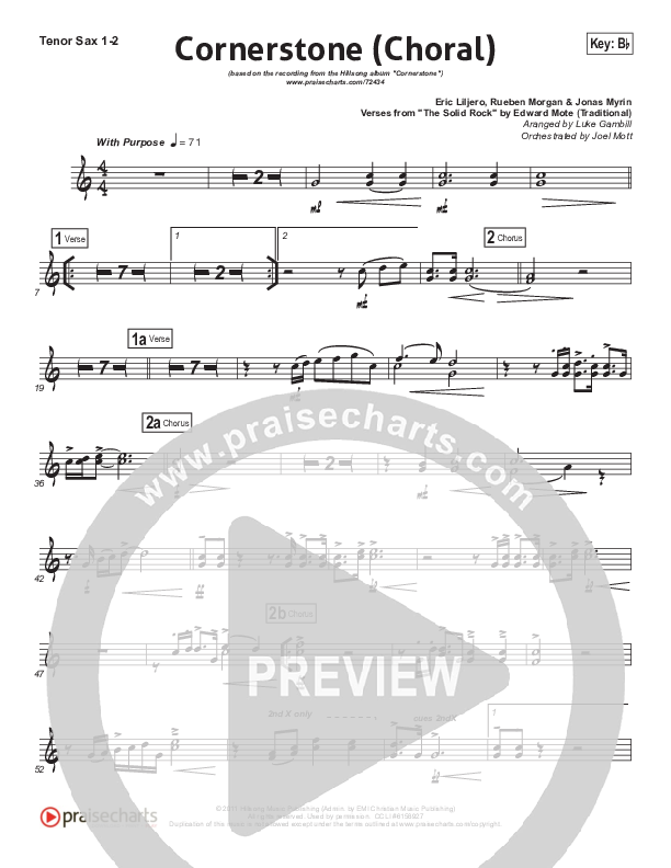 Cornerstone (Choral Anthem SATB) Tenor Sax 1/2 (Hillsong Worship / Arr. Luke Gambill)