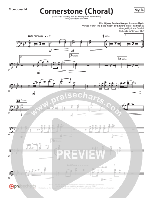 Cornerstone (Choral Anthem SATB) Trombone 1/2 (Hillsong Worship / Arr. Luke Gambill)