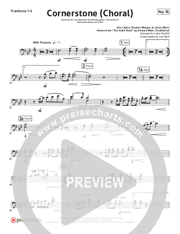Cornerstone (Choral Anthem SATB) Trombone 1/2 (Hillsong Worship / Arr. Luke Gambill)