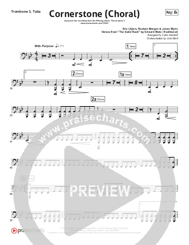 Cornerstone (Choral Anthem SATB) Trombone 3/Tuba (Hillsong Worship / Arr. Luke Gambill)