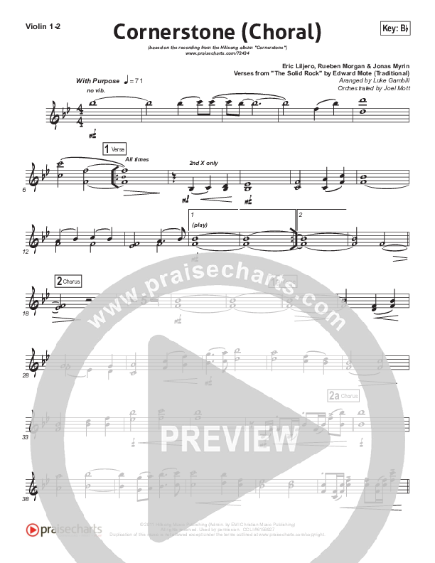 Cornerstone (Choral Anthem SATB) Violin 1/2 (Hillsong Worship / Arr. Luke Gambill)