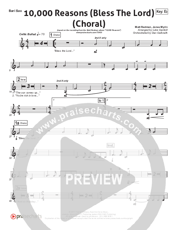 10,000 Reasons (Bless The Lord) (Choral Anthem SATB) Bari Sax (Matt Redman / Passion / Arr. Luke Gambill)
