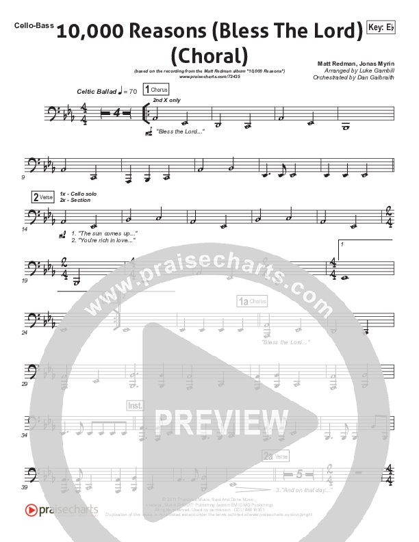 10,000 Reasons (Bless The Lord) (Choral Anthem SATB) Cello/Bass (Matt Redman / Passion / Arr. Luke Gambill)