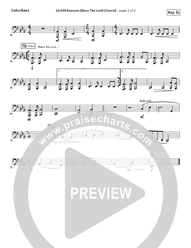 10,000 Reasons (Bless The Lord) (Choral Anthem SATB) Cello/Bass (Matt Redman / Passion / Arr. Luke Gambill)