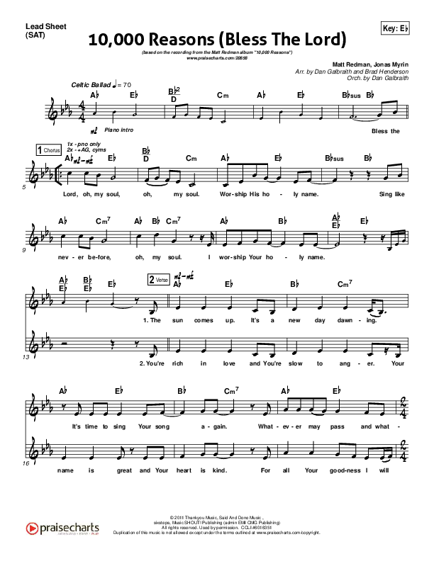10,000 Reasons (Bless The Lord) (Choral Anthem SATB) Lead Sheet (SAT) (Matt Redman / Passion / Arr. Luke Gambill)