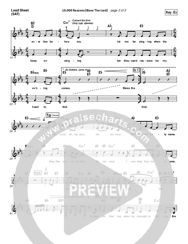 10,000 Reasons (Bless The Lord) (Choral Anthem SATB) Lead Sheet (SAT) (Matt Redman / Passion / Arr. Luke Gambill)