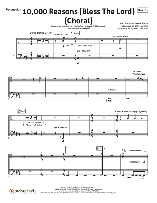 10,000 Reasons (Bless The Lord) (Choral Anthem SATB) Percussion (Matt Redman / Passion / Arr. Luke Gambill)