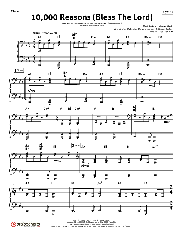 10,000 Reasons (Bless The Lord) (Choral Anthem SATB) Piano Sheet (Matt Redman / Passion / Arr. Luke Gambill)