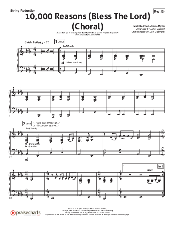 10,000 Reasons (Bless The Lord) (Choral Anthem SATB) String Pack (Matt Redman / Passion / Arr. Luke Gambill)