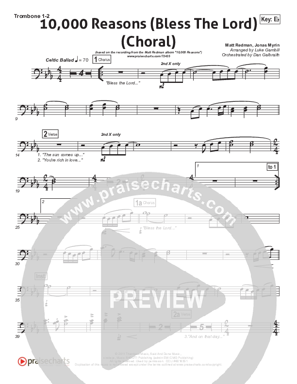 10,000 Reasons (Bless The Lord) (Choral Anthem SATB) Trombone 1/2 (Matt Redman / Passion / Arr. Luke Gambill)
