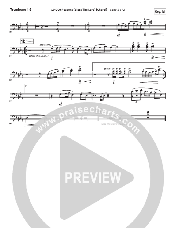 10,000 Reasons (Bless The Lord) (Choral Anthem SATB) Trombone 1/2 (Matt Redman / Passion / Arr. Luke Gambill)