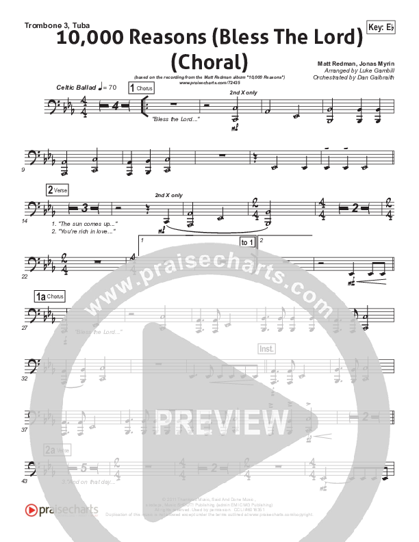 10,000 Reasons (Bless The Lord) (Choral Anthem SATB) Trombone 3/Tuba (Matt Redman / Passion / Arr. Luke Gambill)