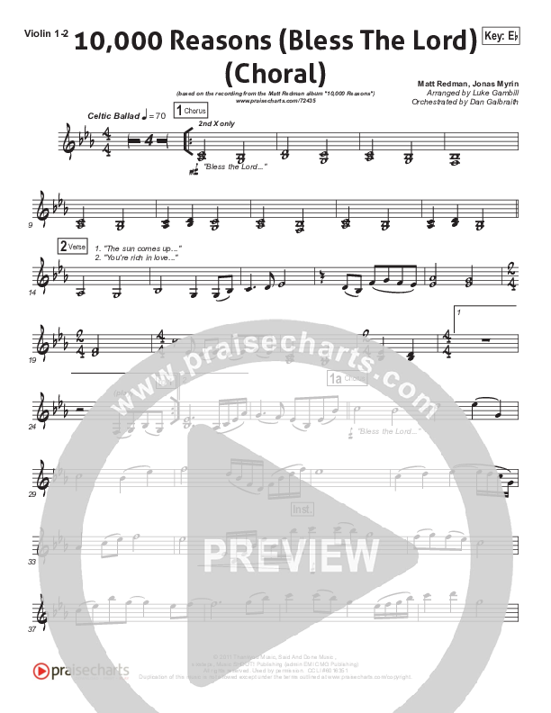 10,000 Reasons (Bless The Lord) (Choral Anthem SATB) Violin 1/2 (Matt Redman / Passion / Arr. Luke Gambill)