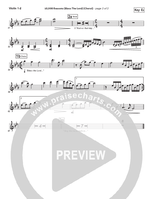 10,000 Reasons (Bless The Lord) (Choral Anthem SATB) Violin 1/2 (Matt Redman / Passion / Arr. Luke Gambill)