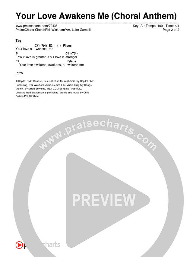 Your Love Awakens Me (Choral Anthem SATB) Chords & Lyrics (Phil Wickham / Arr. Luke Gambill)