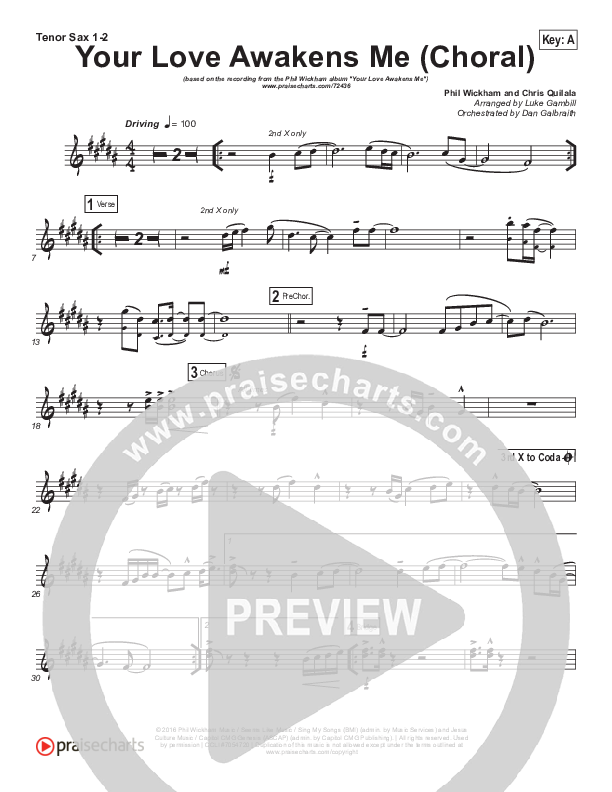 Your Love Awakens Me (Choral Anthem SATB) Tenor Sax 1/2 (Phil Wickham / Arr. Luke Gambill)