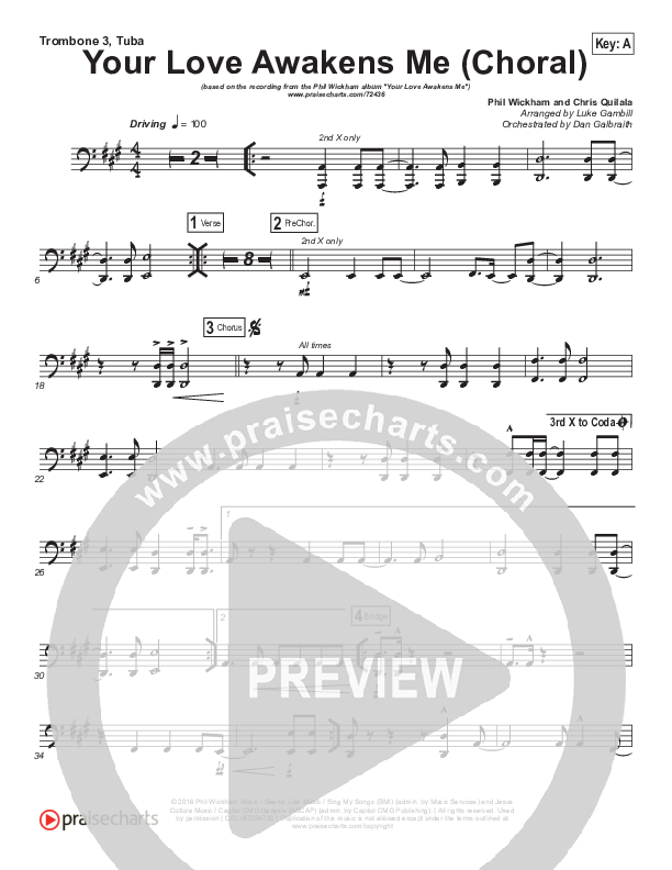 Your Love Awakens Me (Choral Anthem SATB) Trombone 3/Tuba (Phil Wickham / Arr. Luke Gambill)