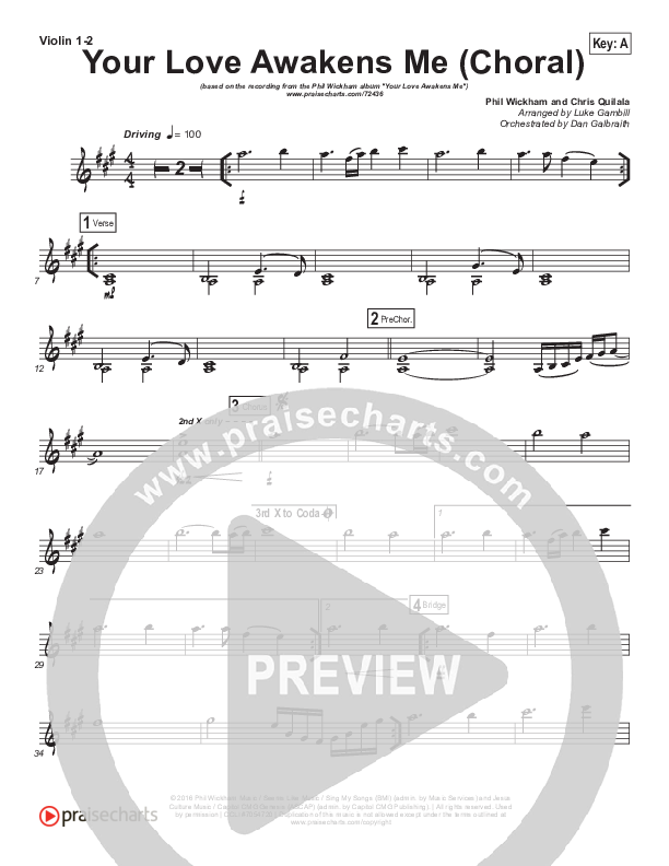 Your Love Awakens Me (Choral Anthem SATB) Violin 1/2 (Phil Wickham / Arr. Luke Gambill)