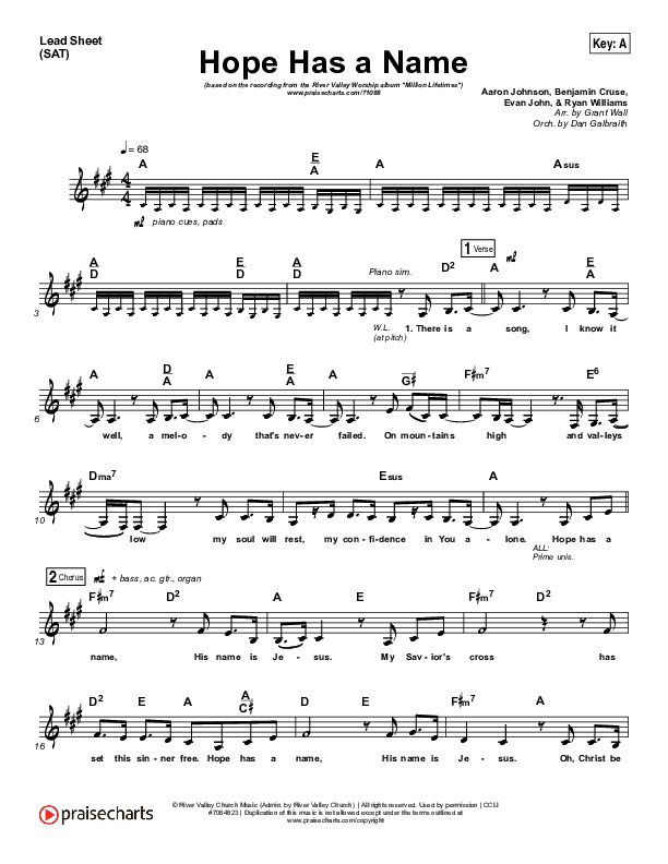 Hope Has A Name (Choral Anthem SATB) Lead Sheet (SAT) (River Valley Worship / Arr. Luke Gambill)