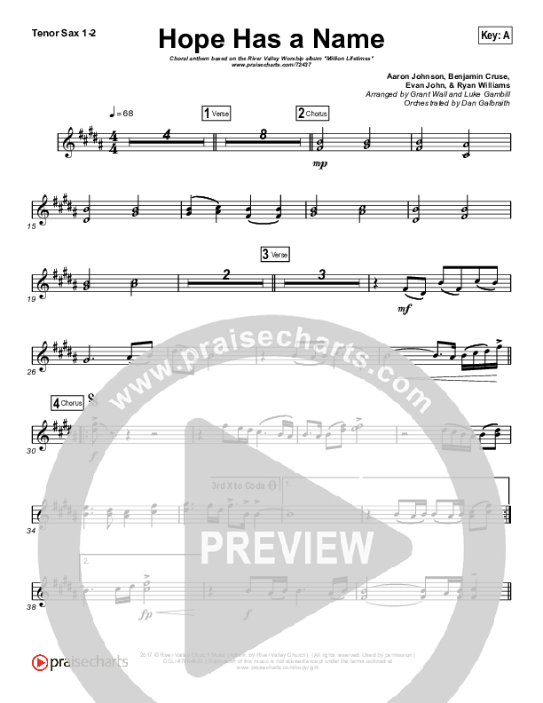 Hope Has A Name (Choral Anthem SATB) Tenor Sax 1/2 (River Valley Worship / Arr. Luke Gambill)