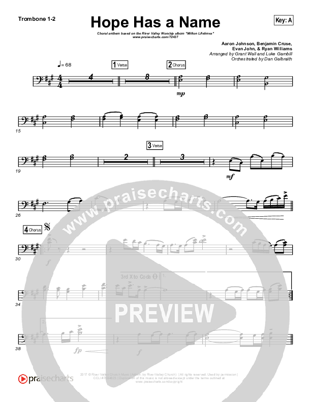 Hope Has A Name (Choral Anthem SATB) Trombone 1/2 (River Valley Worship / Arr. Luke Gambill)
