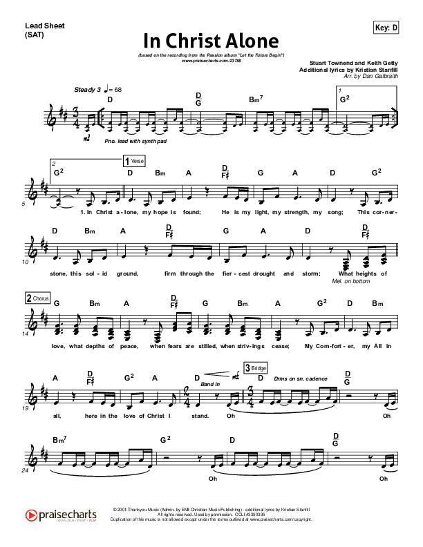 In Christ Alone (Choral Anthem SATB) Lead Sheet (SAT) (Kristian Stanfill / Passion / Arr. Luke Gambill)