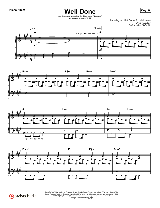 Well Done Piano Sheet (The Afters)