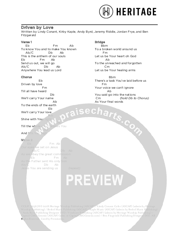 Driven By Love Chord Chart (Lindy Cofer)