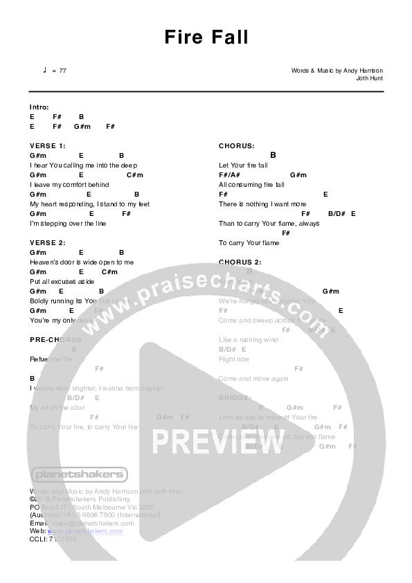 Fire Fall Chords & Lyrics (Planetshakers)