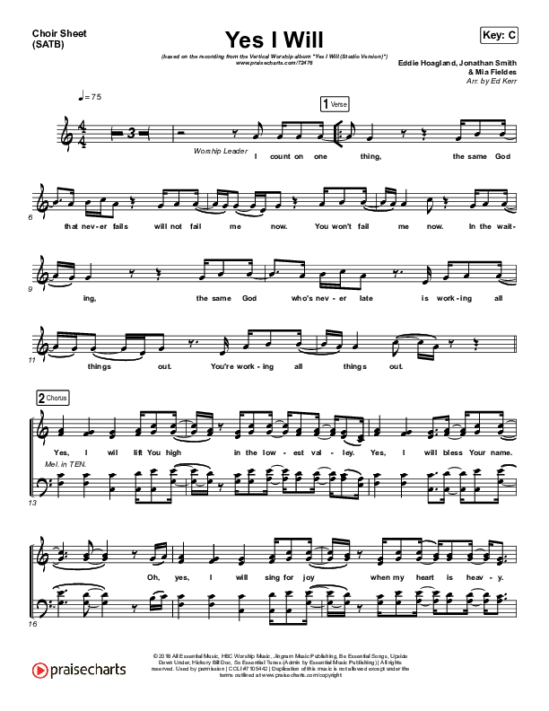 Yes I Will (Studio) Choir Sheet (SATB) (Vertical Worship)
