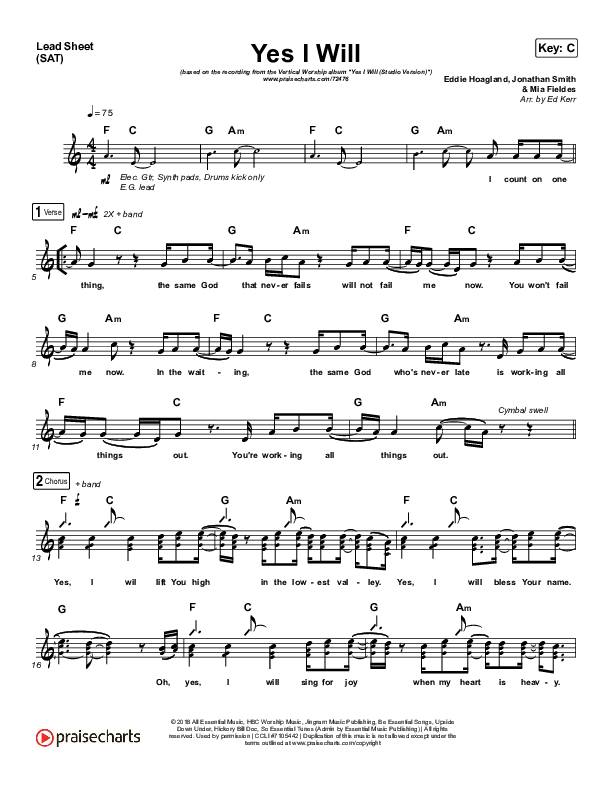 Yes I Will (Studio) Lead Sheet (SAT) (Vertical Worship)