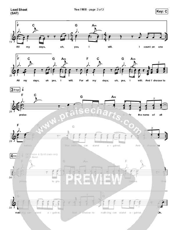 Yes I Will (Studio) Lead Sheet (SAT) (Vertical Worship)