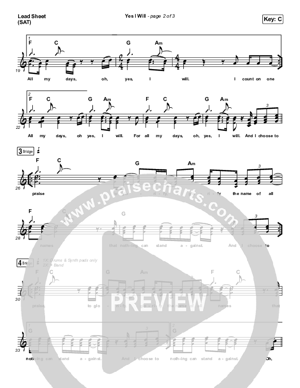 Yes I Will (Studio) Lead Sheet (SAT) (Vertical Worship)