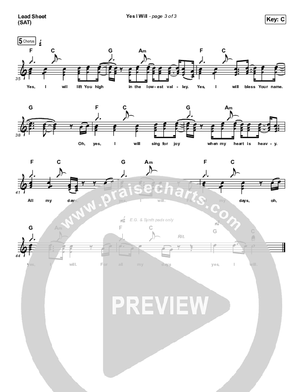 Yes I Will (Studio) Lead Sheet (SAT) (Vertical Worship)