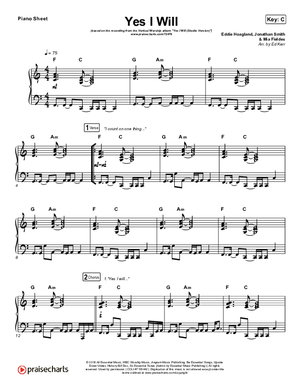 Yes I Will (Studio) Piano Sheet (Vertical Worship)