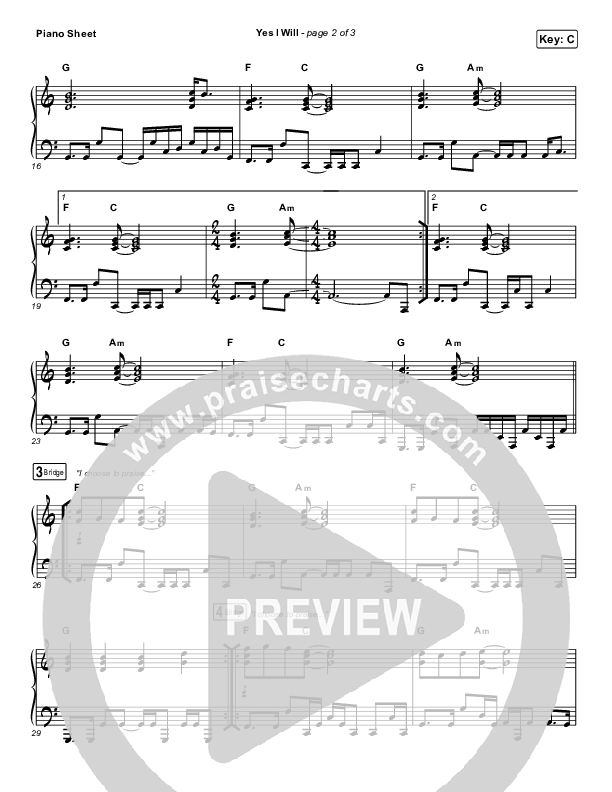 Yes I Will (Studio) Piano Sheet (Vertical Worship)