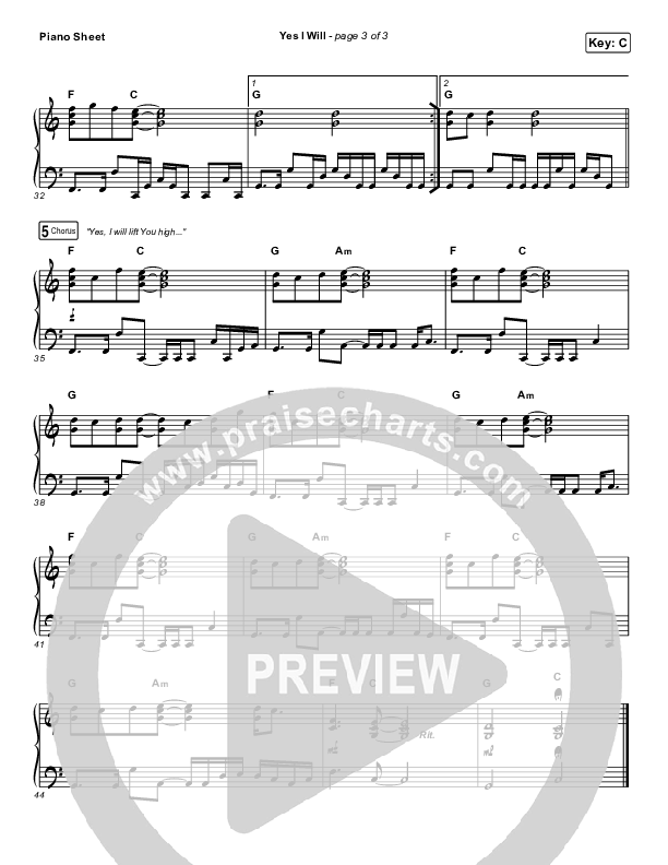 Yes I Will (Studio) Piano Sheet (Vertical Worship)