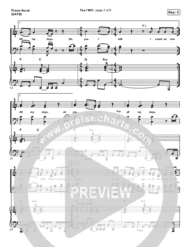Yes I Will (Studio) Piano/Vocal (SATB) (Vertical Worship)