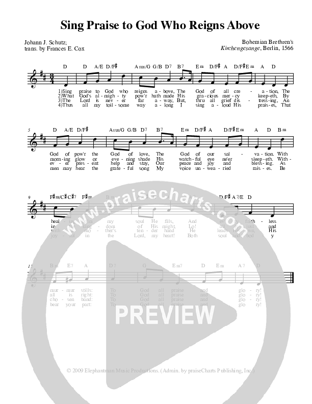Sing Praise To God Who Reigns Above Lead Sheet (Stephen Merrick)