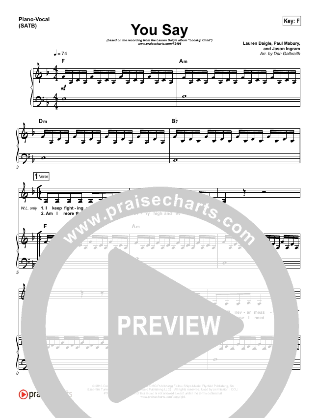 You Say (Piano) Sheet Music PDF (Lauren Daigle) - PraiseCharts