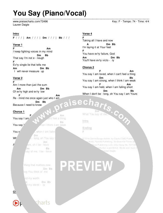 You Say (Piano) Chords & Lyrics (Lauren Daigle)