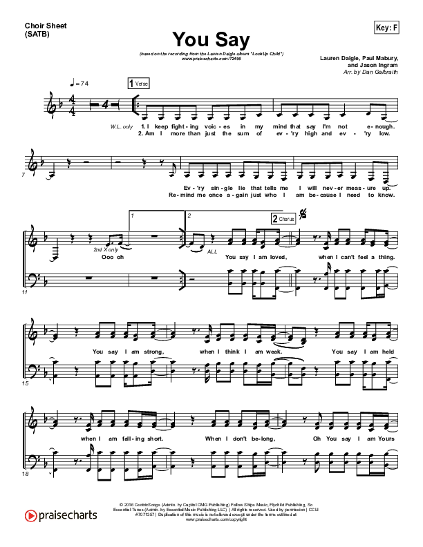 You Say (Piano) Choir Sheet (SATB) (Lauren Daigle)