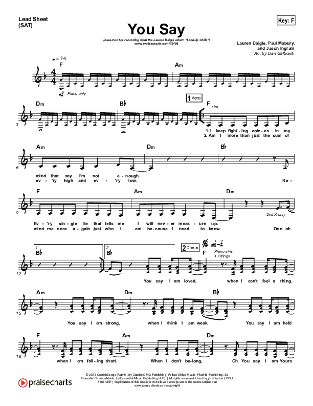 You Say (Piano) Lead Sheet (SAT) (Lauren Daigle)