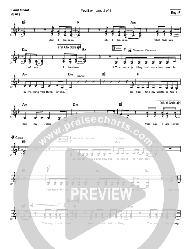 You Say (Piano) Lead Sheet (SAT) (Lauren Daigle)