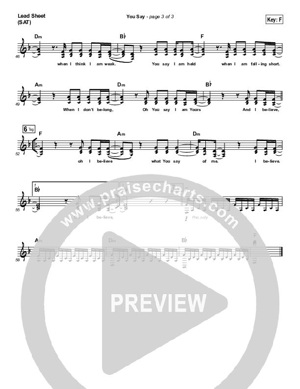 You Say (Piano) Lead Sheet (SAT) (Lauren Daigle)