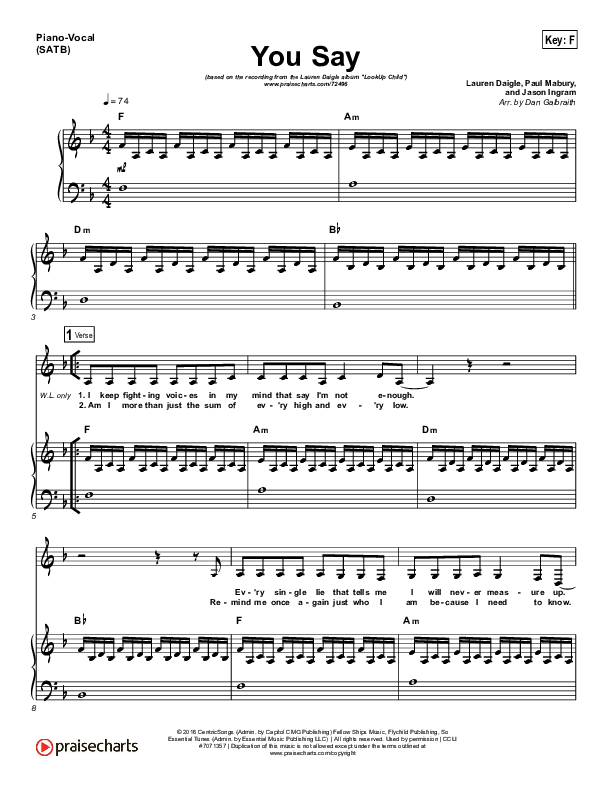 You Say (Piano) Piano/Vocal (SATB) (Lauren Daigle)